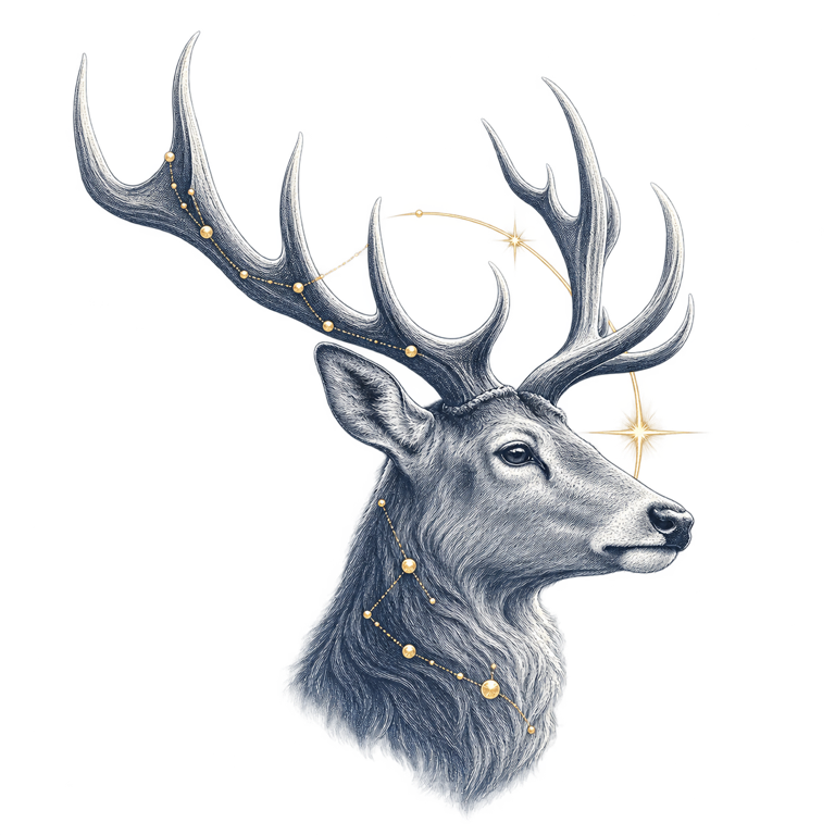 A silver-blue natural-history illustration of a stag with subtle predawn astronomical details
