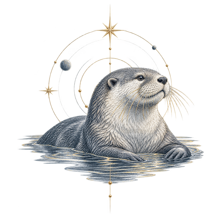 A silver-blue otter on calm water with balanced astronomical linework