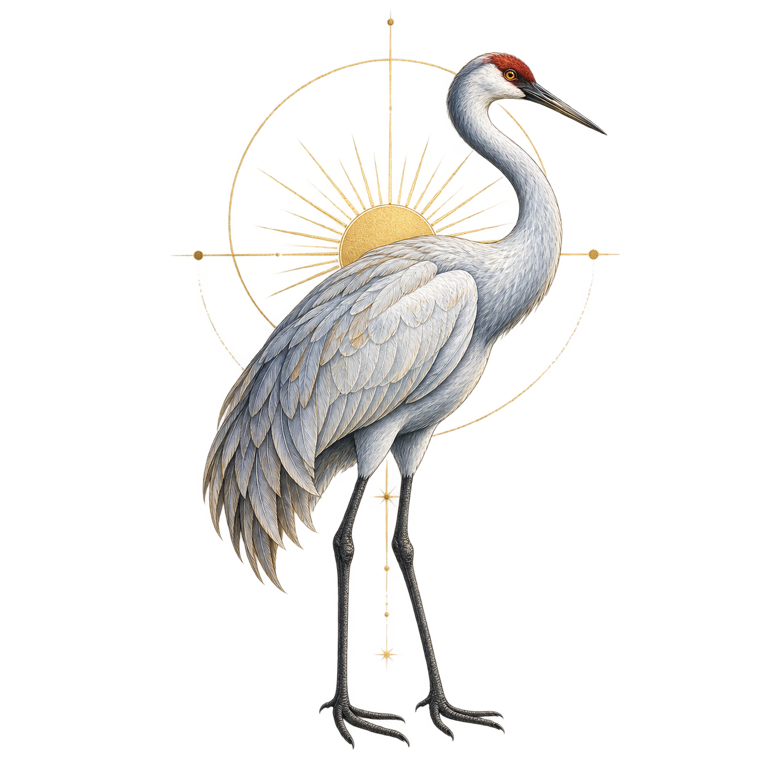 A silver-blue crane illustrated with restrained sunrise and seasonal astronomical details