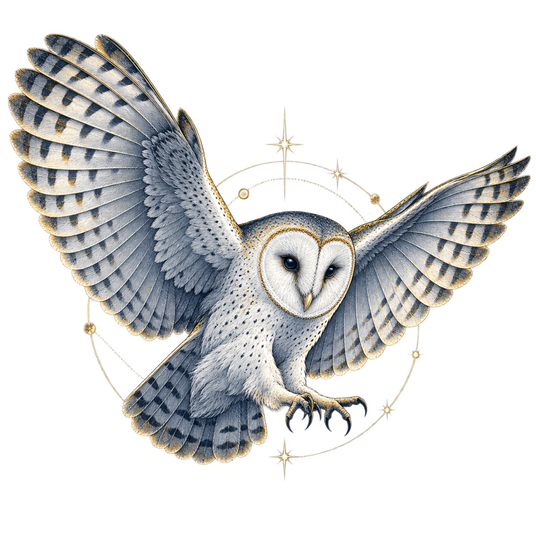 A silver-blue owl in flight with restrained deep-night astronomical details